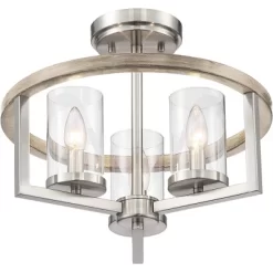 Possini Euro Design Senna Modern Industrial Ceiling Light Semi Flush Mount Fixture 15" Wide Brushed Nickel Gray Wood 3-Light Clear Glass For Bedroom -Safavieh Store GUEST 08a6d6bd 0bbb 4c6e a704 3432667d795f