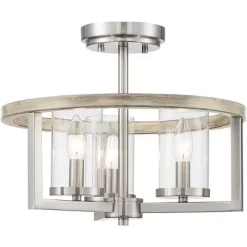 Possini Euro Design Senna Modern Industrial Ceiling Light Semi Flush Mount Fixture 15" Wide Brushed Nickel Gray Wood 3-Light Clear Glass For Bedroom -Safavieh Store GUEST 08dd1794 0813 479b a383 aeb04b0df2ca