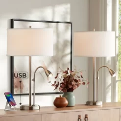 Possini Euro Design Traverse Modern Table Lamps Set Of 2 29 1/2" Tall Brushed Nickel With USB Charging Port LED Gooseneck White Drum Shade For Desk