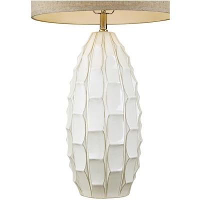 Possini Euro Design Cosgrove Modern Mid Century Table Lamp 32 3/4" Tall White Glazed Ceramic Beige Fabric Drum Shade For Bedroom Living Room Bedside 8 Possini Euro Design Cosgrove Modern Mid Century Table Lamp 32 3/4" Tall White Glazed Ceramic Beige Fabric Drum Shade For Bedroom Living Room Bedside - Image 6