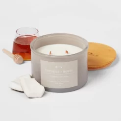 14oz Lidded Gray Glass Jar Crackling Wooden 3-Wick Candle With Paper Label Coconut And Honey  - Threshold™ -Safavieh Store GUEST 49910140 50ed 4b49 9d77 e432059cd2cf