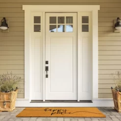 Juvale Natural Coco Coir Large Door Mat, Happy Place Long Outdoor Rug, 17 X 60 In