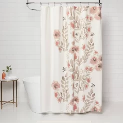 Blooms Flat Weave Shower Curtain Coral - Thresholdâ˘