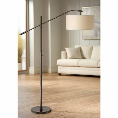 Possini Euro Design Industrial Floor Lamp Adjustable Arm 62.5" Tall Oiled Bronze Metal Light Brown Linen Drum Shade For Living Room Reading 3 Possini Euro Design Industrial Floor Lamp Adjustable Arm 62.5" Tall Oiled Bronze Metal Light Brown Linen Drum Shade For Living Room Reading