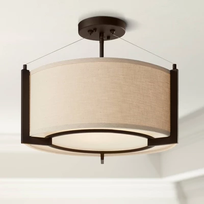 Possini Euro Design Stinson Modern Ceiling Light Semi Flush Mount Fixture 17 1/4" Wide Bronze 3-Light Linen Drum Shade For Bedroom Kitchen Living Room 3 Possini Euro Design Stinson Modern Ceiling Light Semi Flush Mount Fixture 17 1/4" Wide Bronze 3-Light Linen Drum Shade For Bedroom Kitchen Living Room