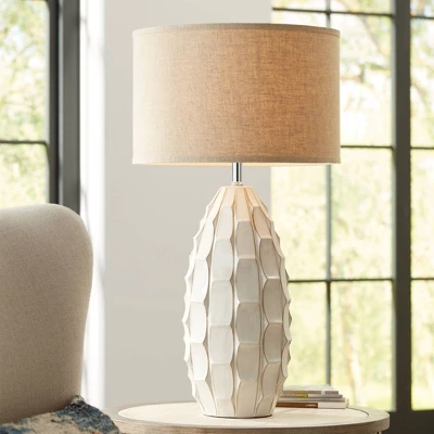 Possini Euro Design Cosgrove Modern Mid Century Table Lamp 32 3/4" Tall White Glazed Ceramic Beige Fabric Drum Shade For Bedroom Living Room Bedside 3 Possini Euro Design Cosgrove Modern Mid Century Table Lamp 32 3/4" Tall White Glazed Ceramic Beige Fabric Drum Shade For Bedroom Living Room Bedside