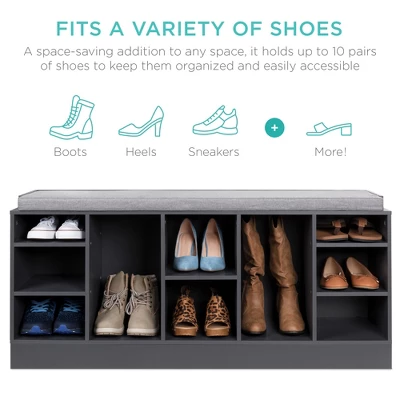 Best Choice Products 46in Shoe Storage Organization Rack Bench For Entryway, Bedroom W/ Padded Seat, 10 Cubbies - Gray 3 Best Choice Products 46in Shoe Storage Organization Rack Bench For Entryway, Bedroom W/ Padded Seat, 10 Cubbies - Gray