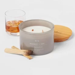 14oz Lidded Gray Glass Jar Crackling Wooden 3-Wick Candle With Clear Label Whiskey + Oak - Threshold™ -Safavieh Store GUEST c994828f 4a70 488b 9bf2 14e864c98567