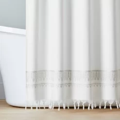 Embroidered Border Stripe Woven Shower Curtain Taupe - Hearth & Hand⢠With Magnolia